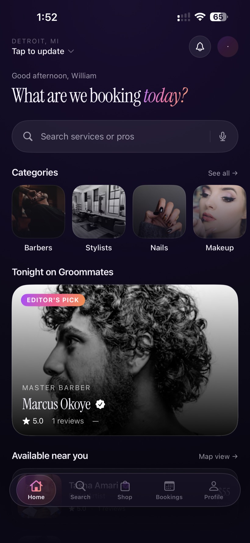 GroomMates home screen — book a barber or beauty pro tonight